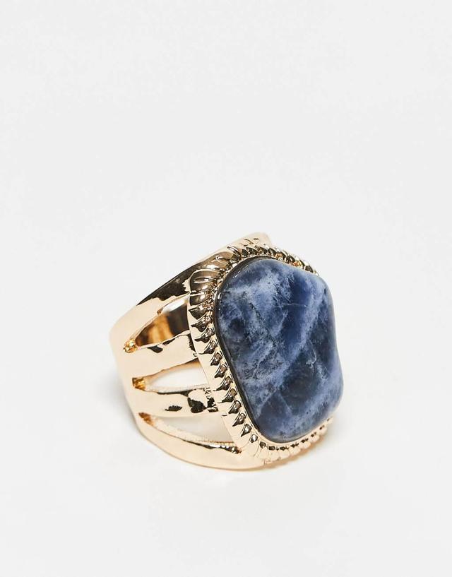 ASOS DESIGN ring with real semi precious lapis stone with molten design in gold tone Product Image