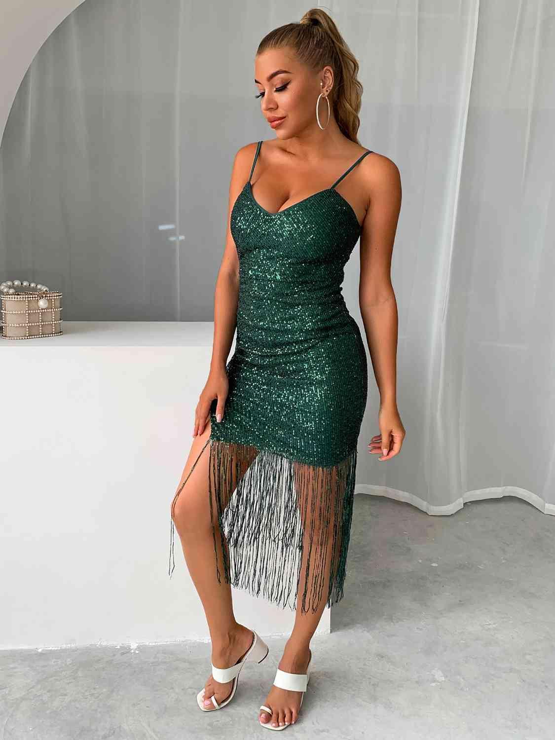 Sequin Fringe Spaghetti Strap Dress Product Image