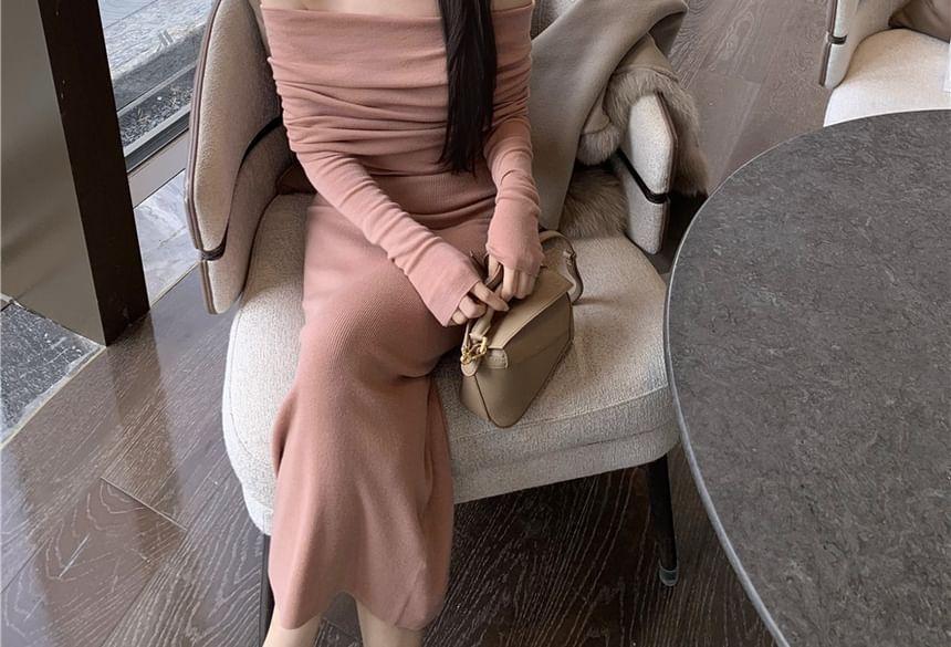 Long Sleeve Off Shoulder Plain Knit Midi Sheath Dress Product Image