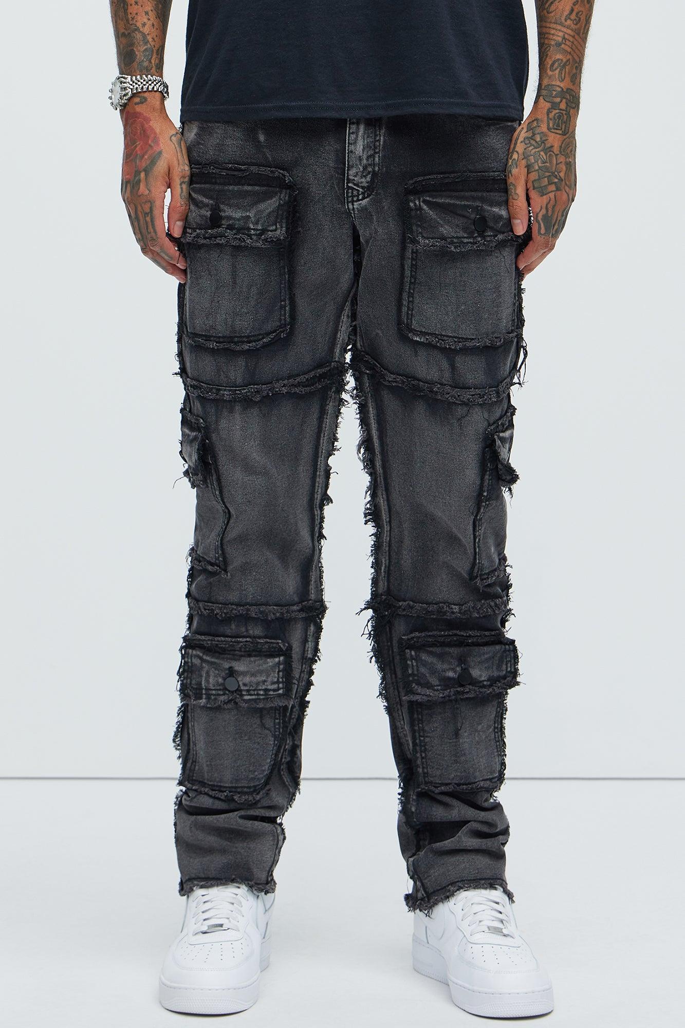 One Way Cargo Frayed Straight Jeans - Black Wash Product Image