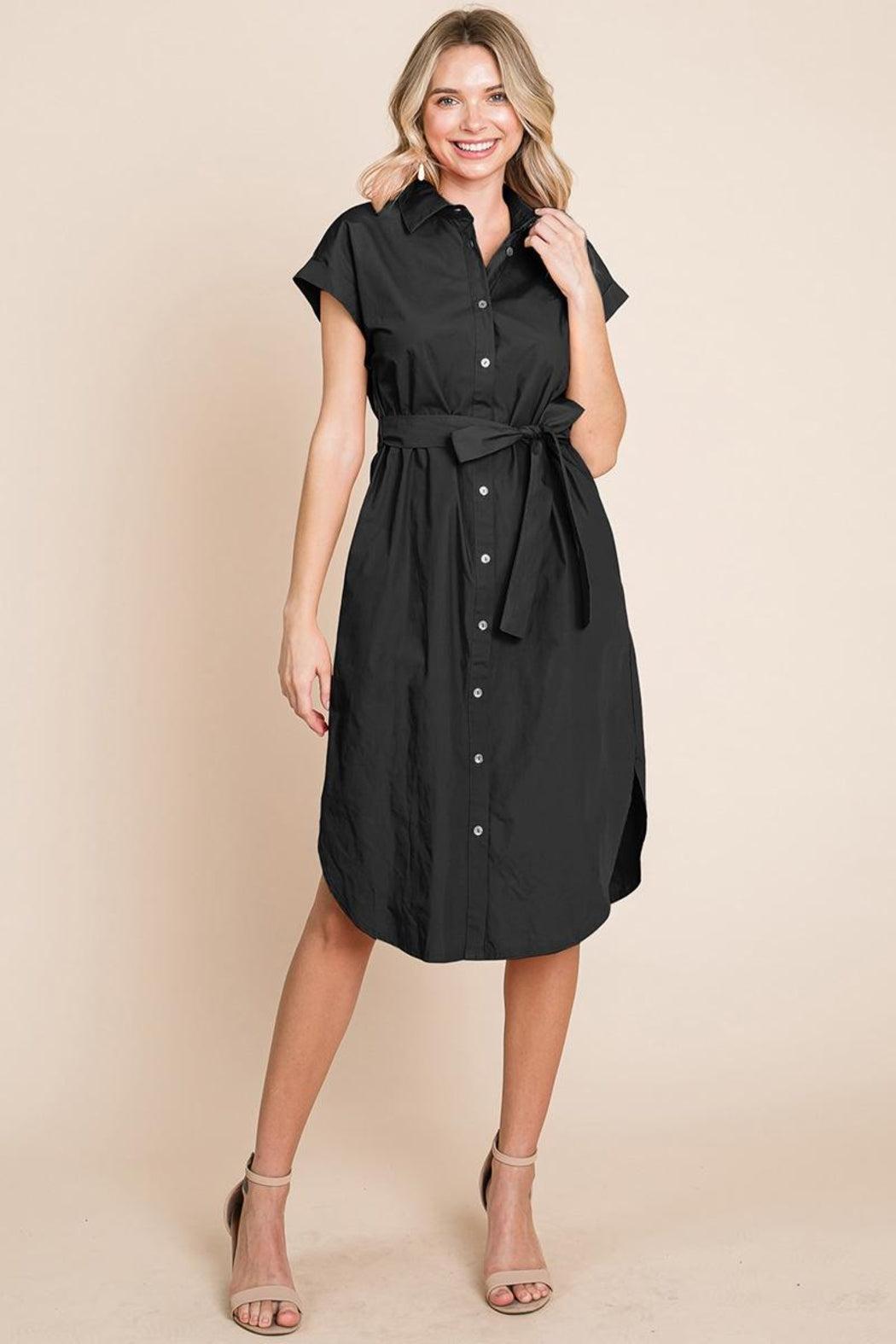 Button Up Tie Waist Poplin Pocketed Shirt Dress Product Image