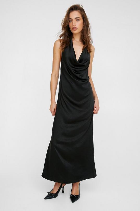 Plunge Cowl Halter Textured Satin Midi Slip Dress Product Image