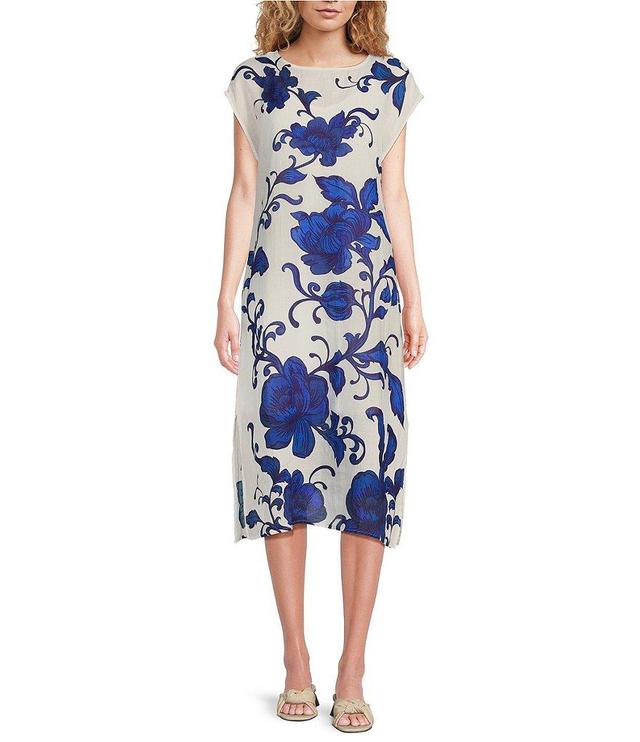 JOHNNY WAS Camilla Floral Print Round Neck Short Sleeve Side Slit Midi Shift Dress Product Image