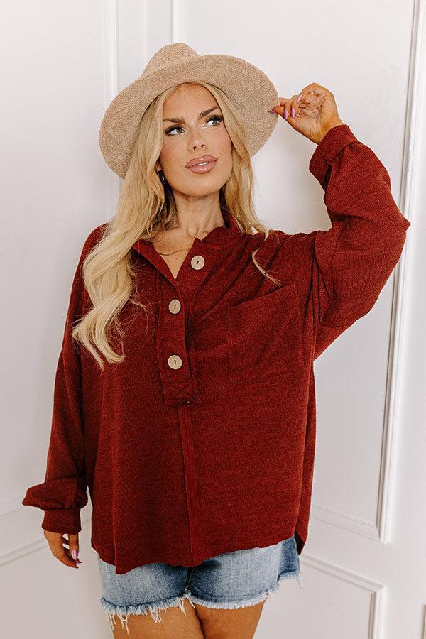 Chic Harvest Knit Henley Top in Rustic Wine Curves Product Image