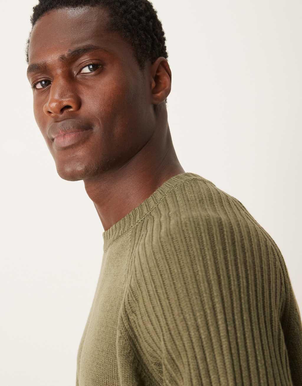 ASOS DESIGN oversized boxy fit knitted crew neck sweater with rib sleeves in khaki Product Image