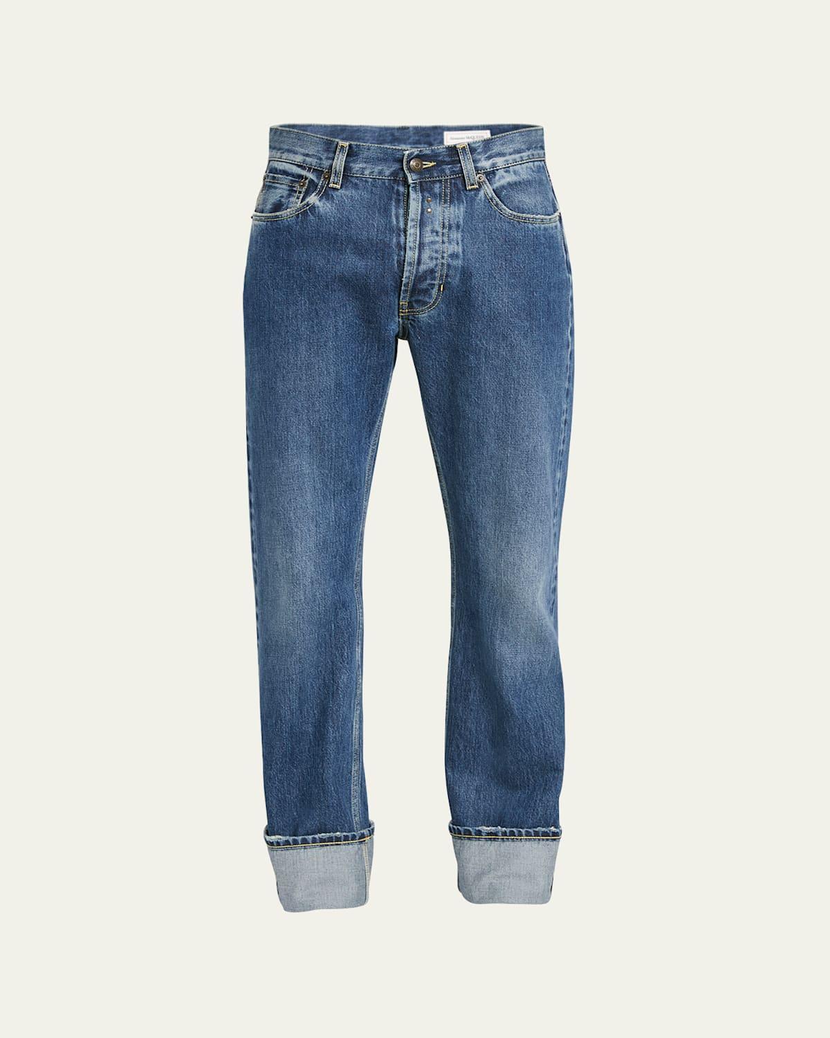 Mens Cuffed Washed Denim Jeans Product Image