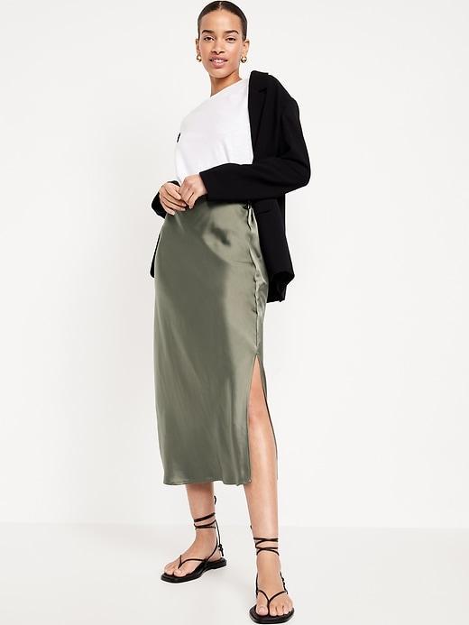 High-Waisted Satin Midi Slip Skirt Product Image