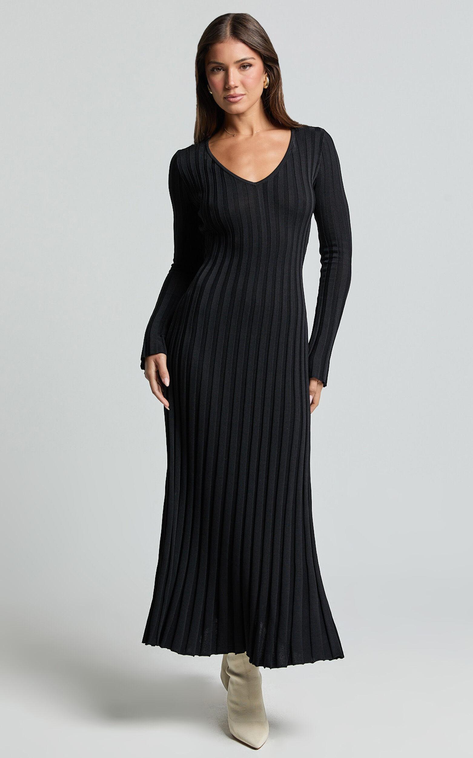 Astra Midi Dress - V Neck Long Sleeve Knit Dress in Black Product Image