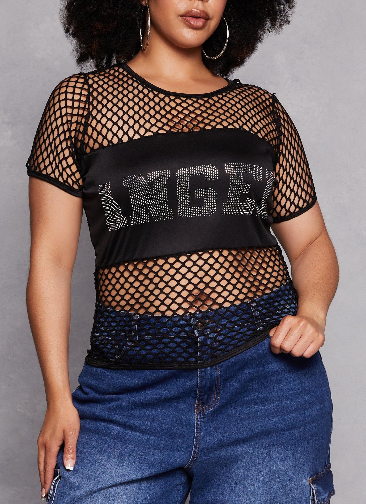 Womens Plus Size Fishnet Angel Rhinestone Graphic Tee Product Image