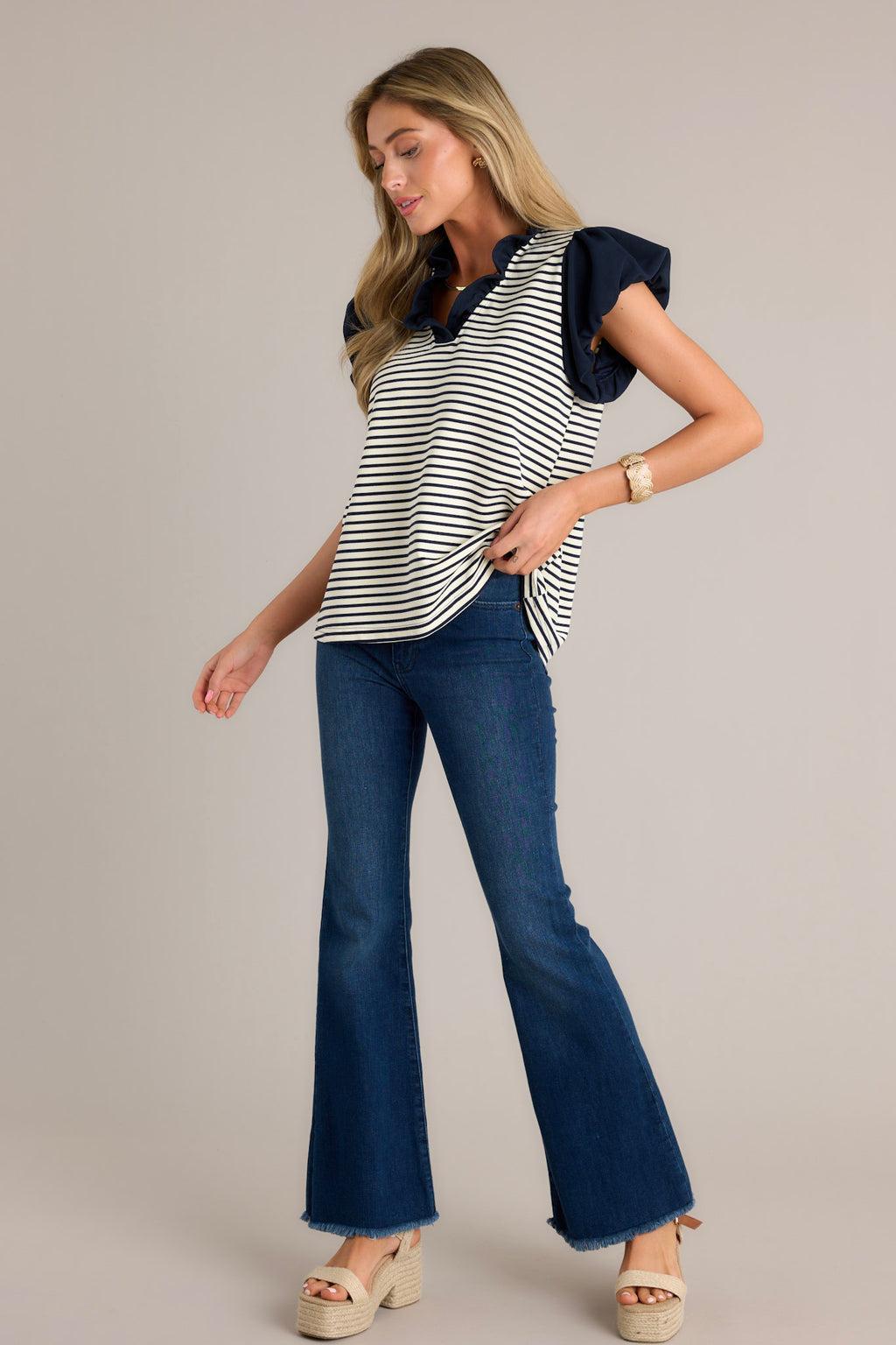 Jump Out Dark Denim Stretch Flare Jeans Product Image