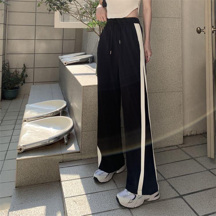 High Waist Color-Block Loose-Fit Wide-Leg Sweatpants Product Image