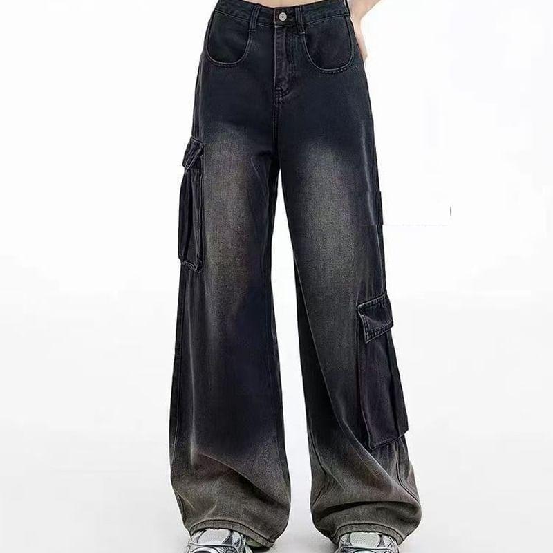 High Rise Gradient Washed Wide Leg Cargo Jeans Product Image