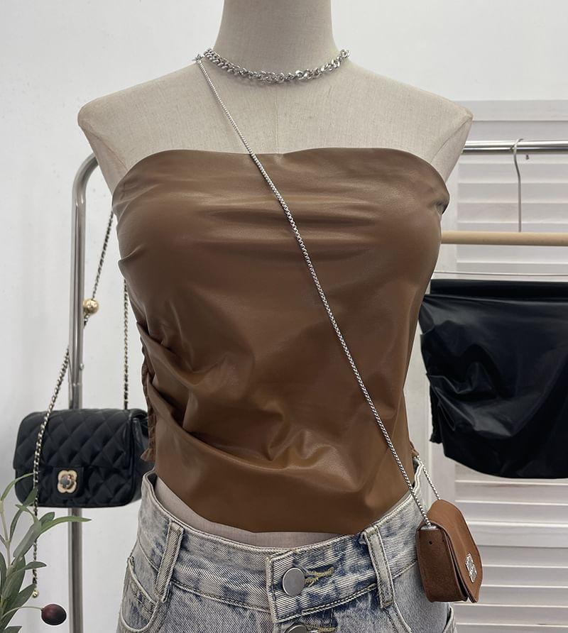 Strapless Faux Leather Plain Ruched Crop Top Product Image