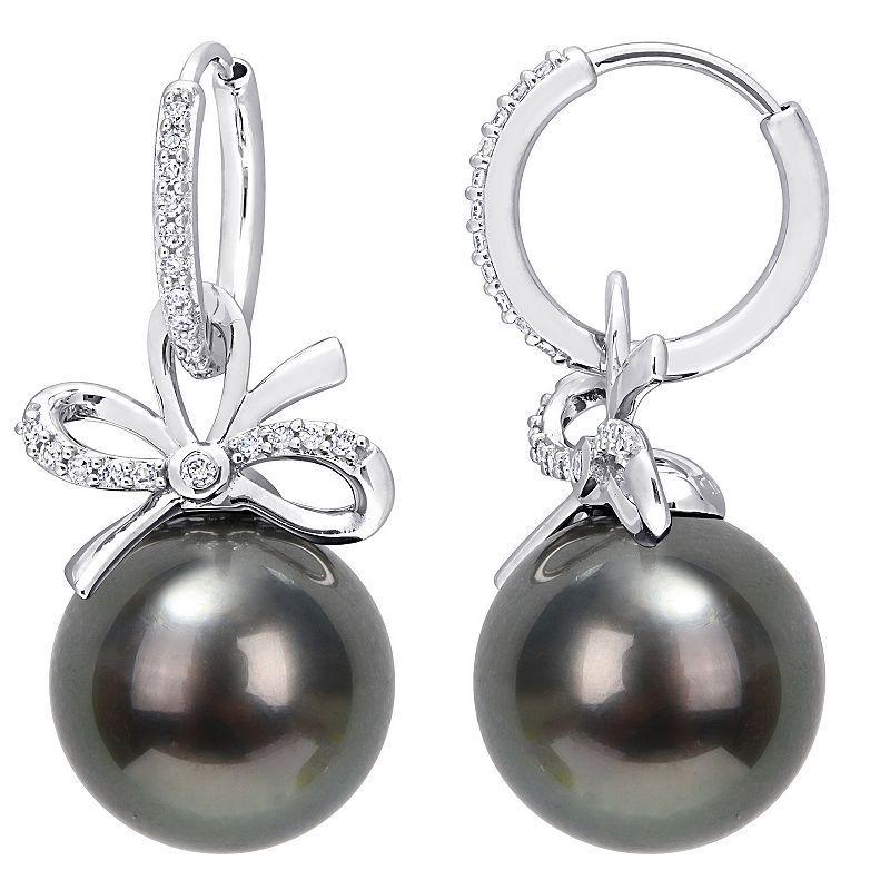 Stella Grace 14k White Gold Tahitian Cultured Pearl & 1/4 Carat T.W. Diamond Bow Hoop Drop Earrings, Womens Product Image