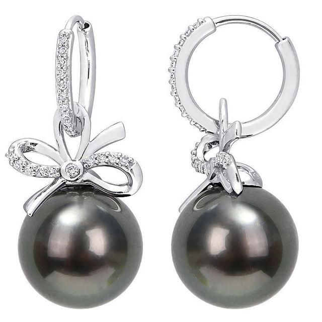 Stella Grace 14k White Gold Tahitian Cultured Pearl & 1/4 Carat T.W. Diamond Bow Hoop Drop Earrings, Womens, Black Product Image