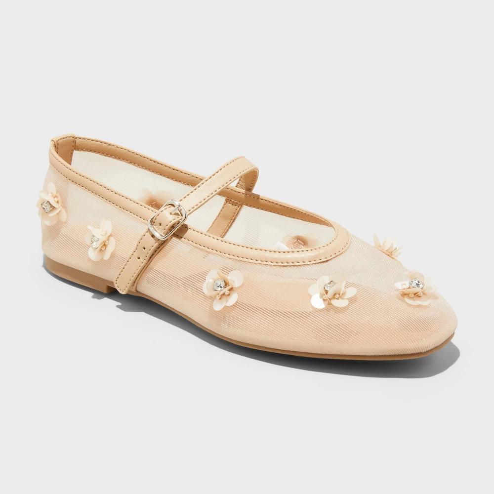 Women's Everly Floral Mesh Mary Jane Ballet Flats with Memory Foam Insole - A New Day™ Beige 12 Product Image