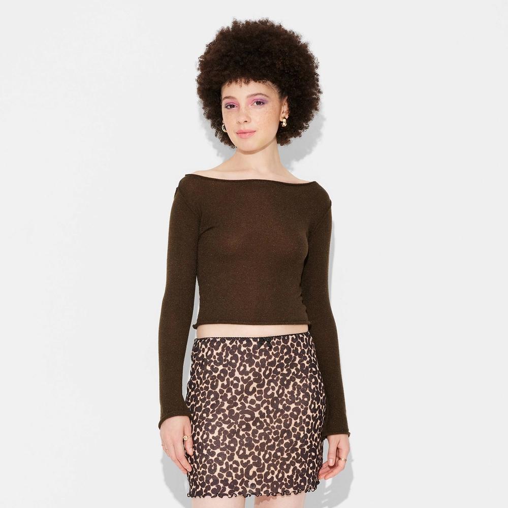 Womens Sheer Boat Neck Pullover Sweater - Wild Fable Dark Brown L Product Image