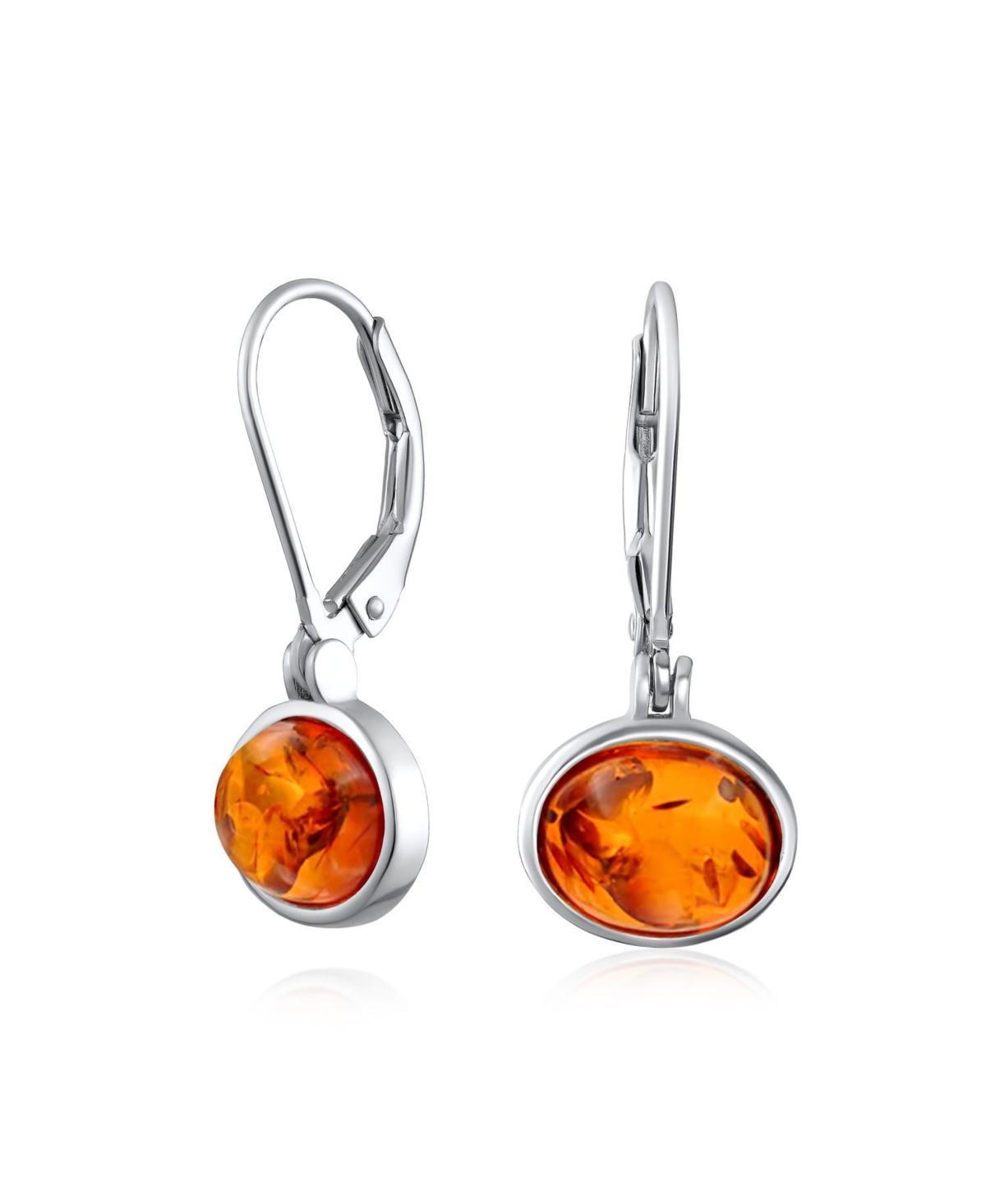 Bling Jewelry Simple Plain Bezel Set Lever Back Honey Natural Amber Oval s Drop Earrings For Women Sterling Silver 7MM Product Image