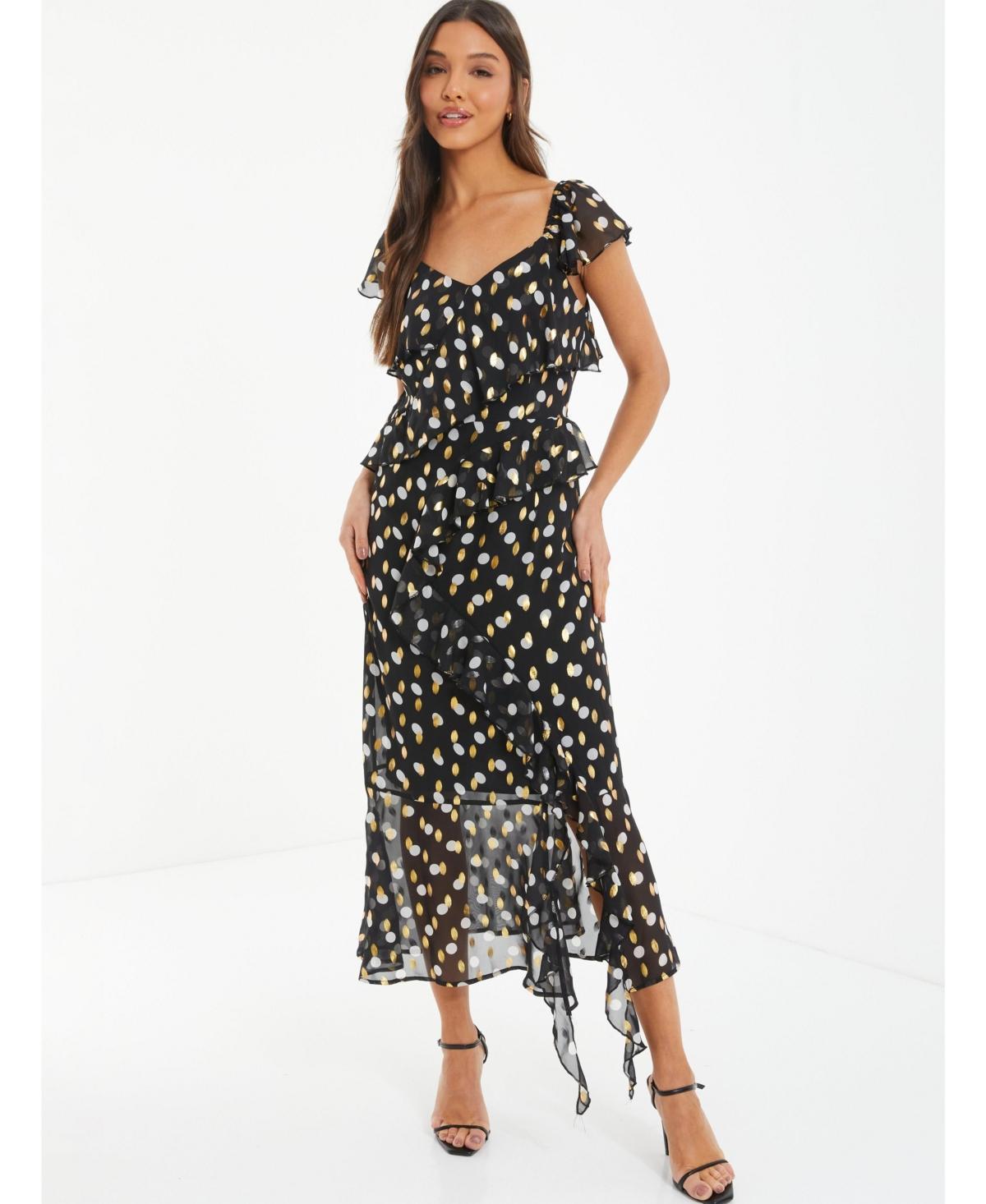 Quiz Womens Gold & White Polka Dot Chiffon Frill Detail Midi Dress Product Image