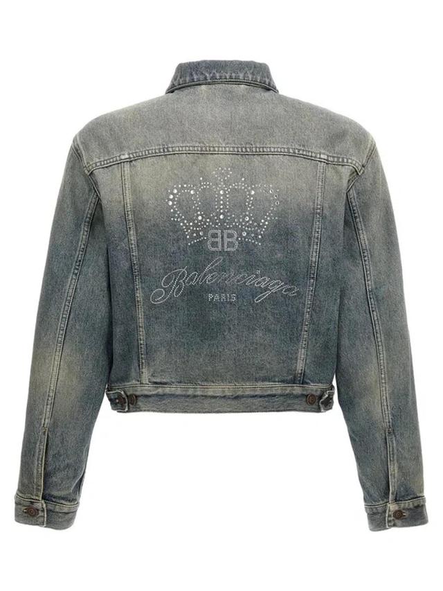 BALENCIAGA Rhinestone Logo Denim Jacket In Blue Product Image