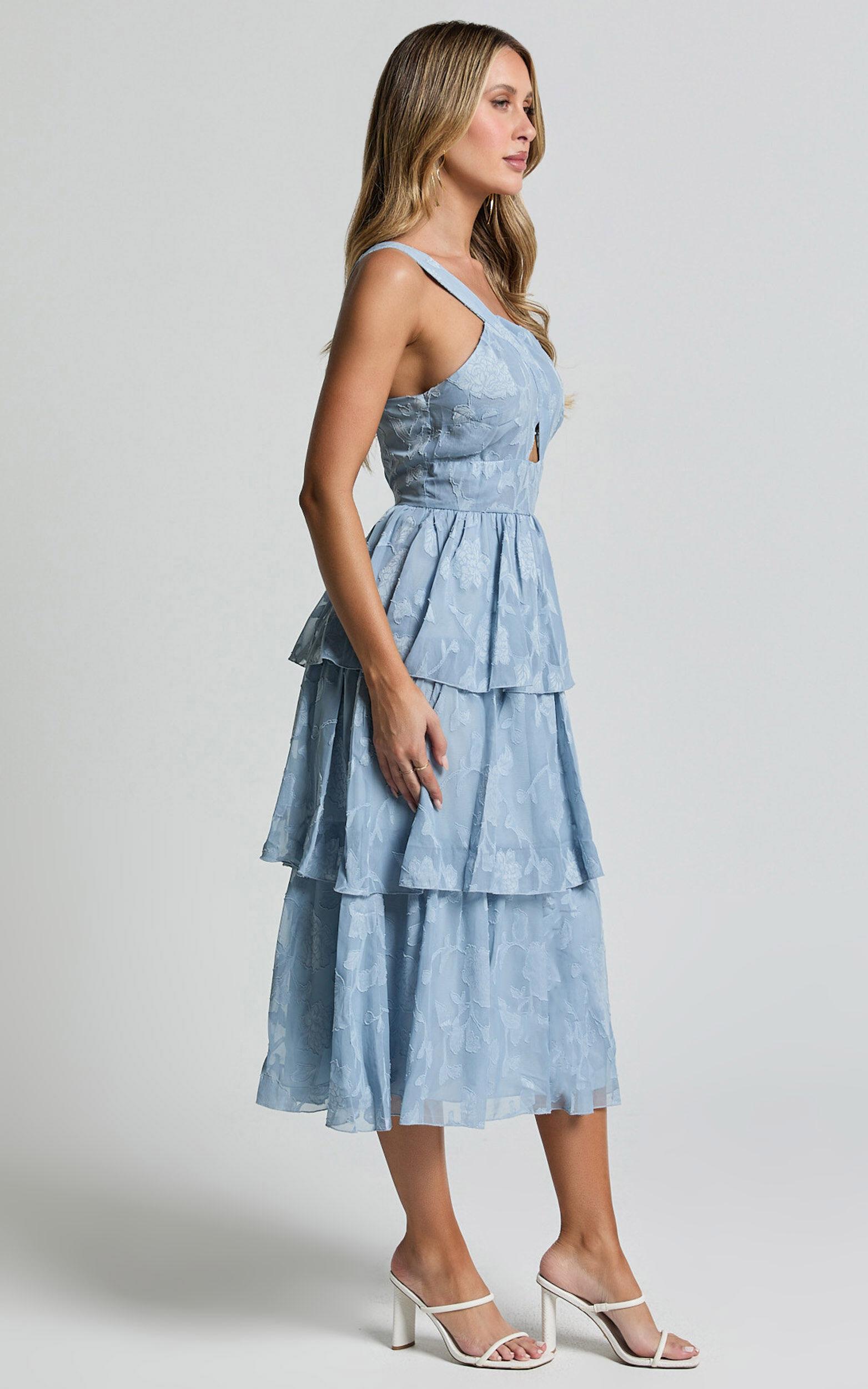 Alvinia Midi Dress - One Shoulder Cut Out Tiered Dress in Light Blue Product Image