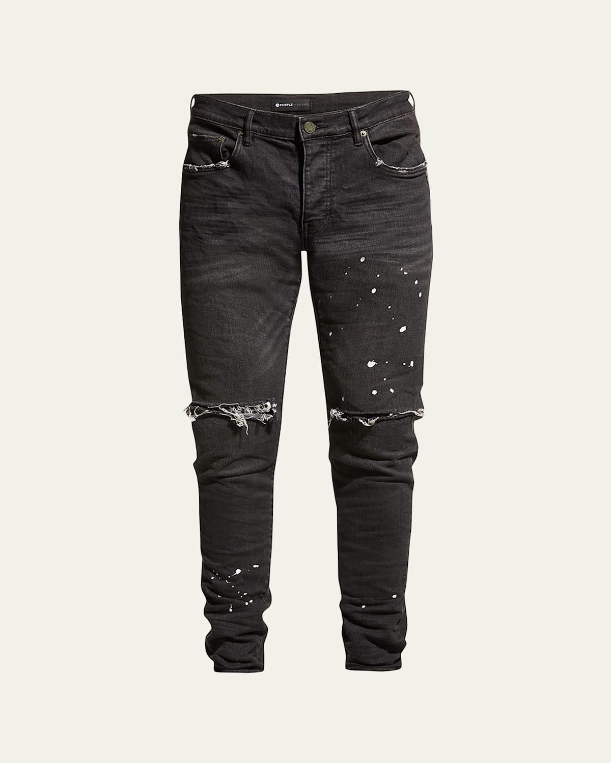 PURPLE Men's Slim-Fit Distressed Low-Rise Skinny Jeans - Size: 31 - BLK OVER SPRAY Product Image