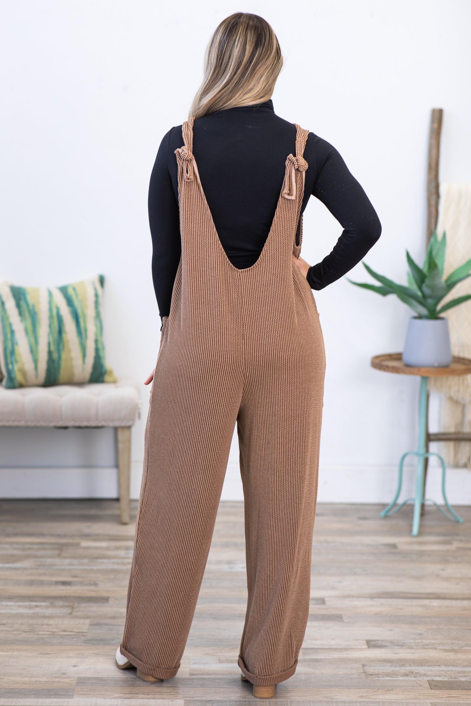 Brown Ribbed Jumpsuits With Pockets Product Image