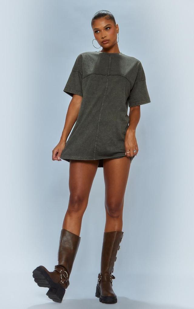 Khaki Acid Wash Long Sleeve Exposed Seam T Shirt Dress Product Image