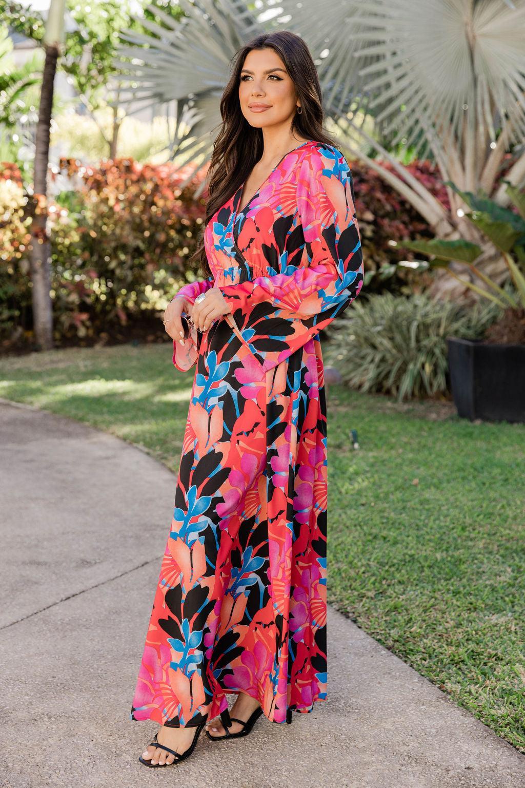 Dance The Night Away Long Sleeve Tropical Black Maxi Dress FINAL SALE Product Image