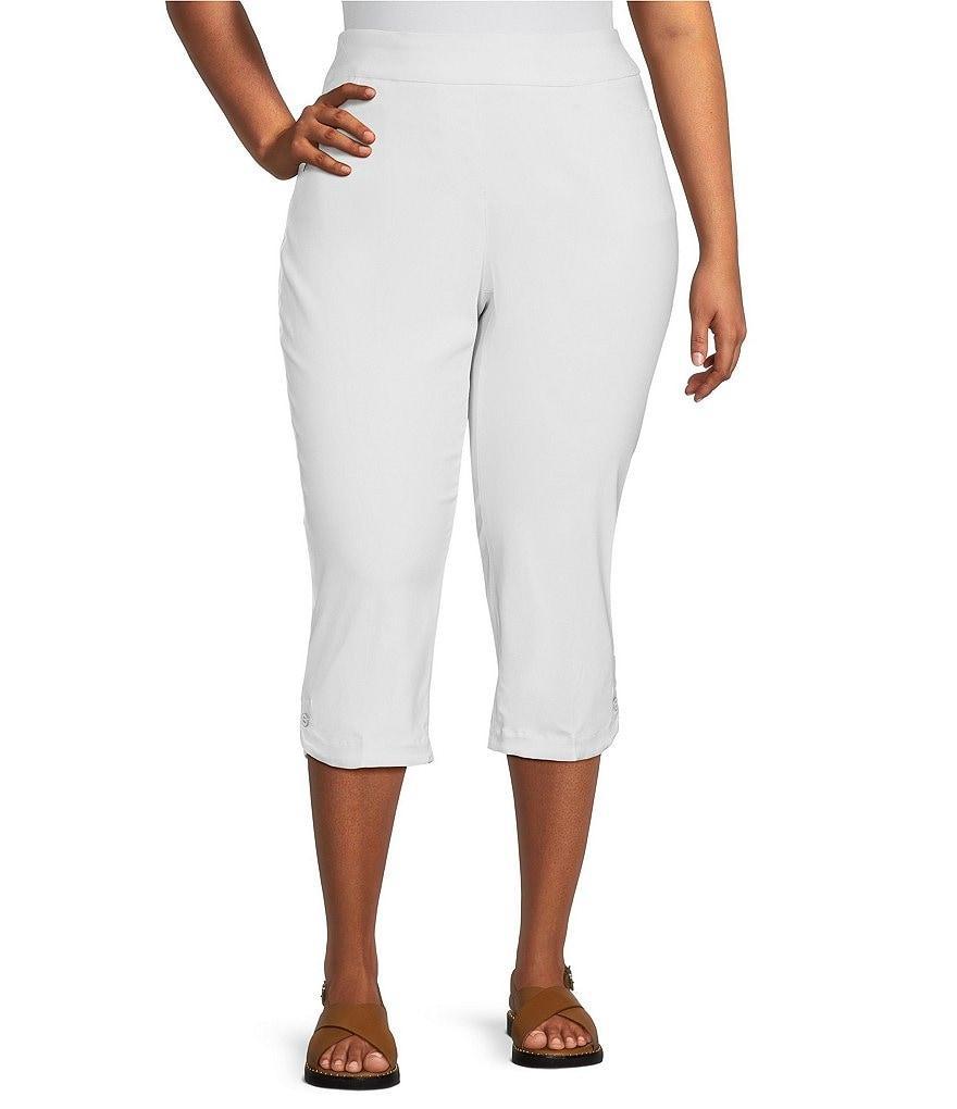 Multiples Plus Size Stretch Twill Wide Waistband Side Button Curved Hem Straight Leg Pull-On Capri Pants Product Image