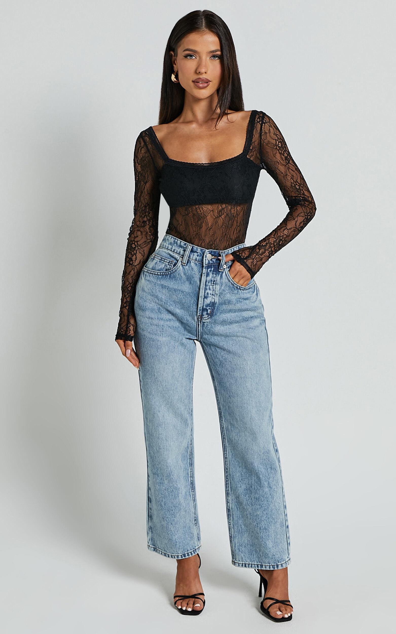 Cynthia Bodysuit - Long Sleeve Lace Bodysuit in Black Product Image