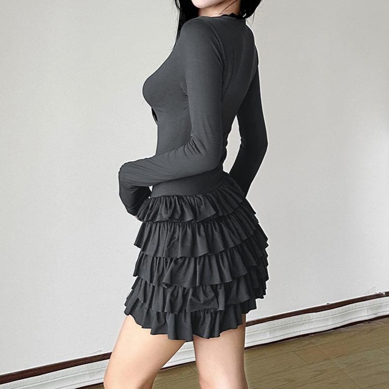 Long-Sleeve V-Neck Plain Mini Tiered Dress Product Image