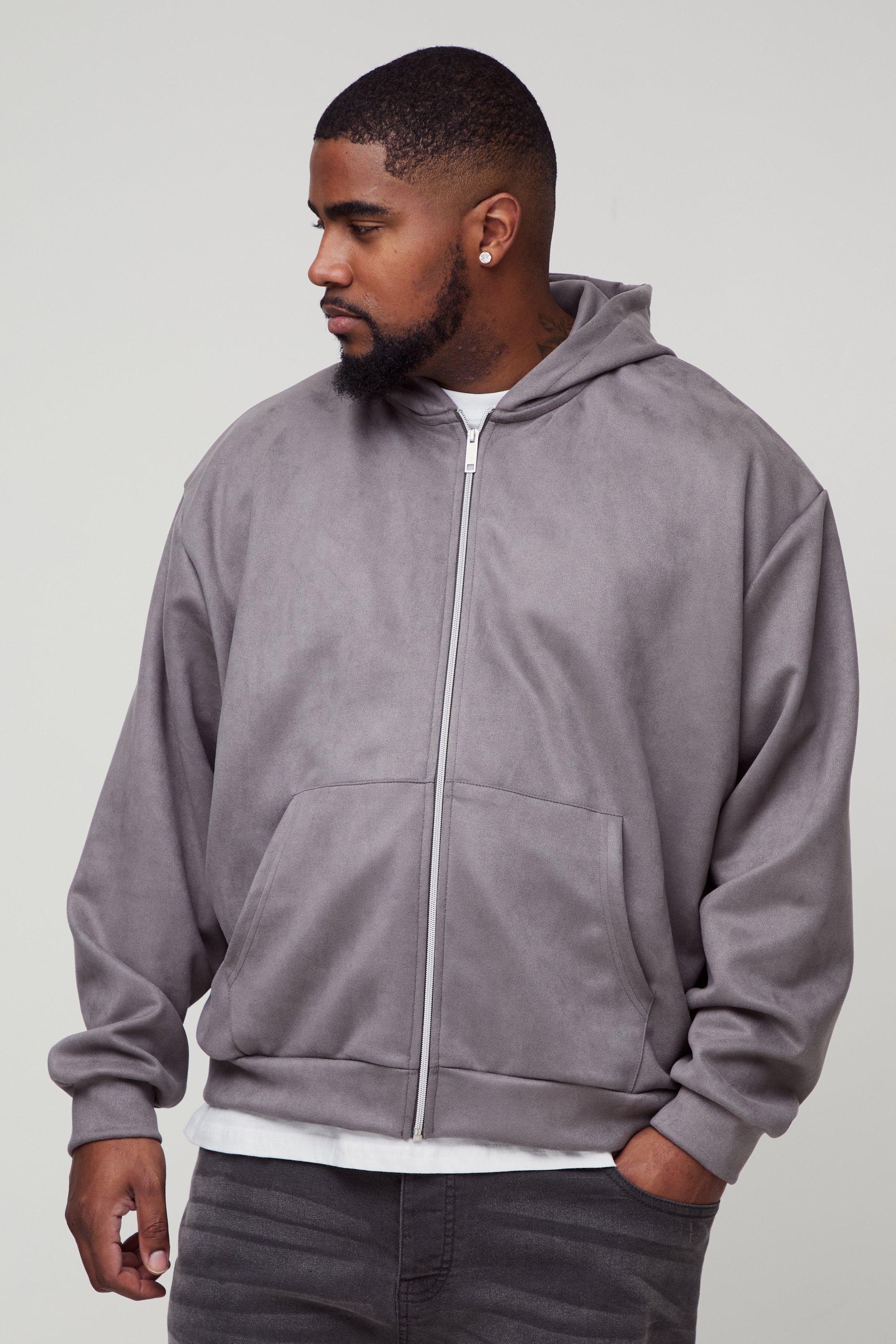 Plus Oversized Boxy Zip Thru Faux Suede Hoodie | boohooMAN USA product image