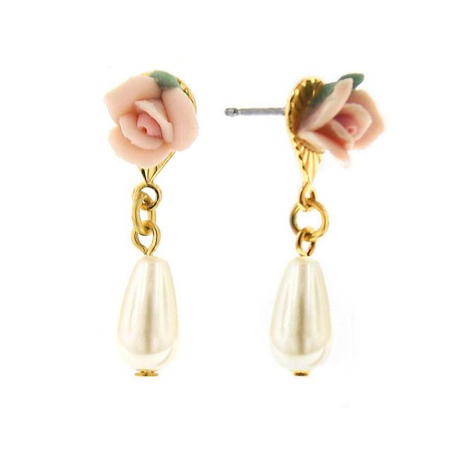 1928 Gold Tone Floral Simulated Pearl Drop Earrings, Womens, Pink Product Image