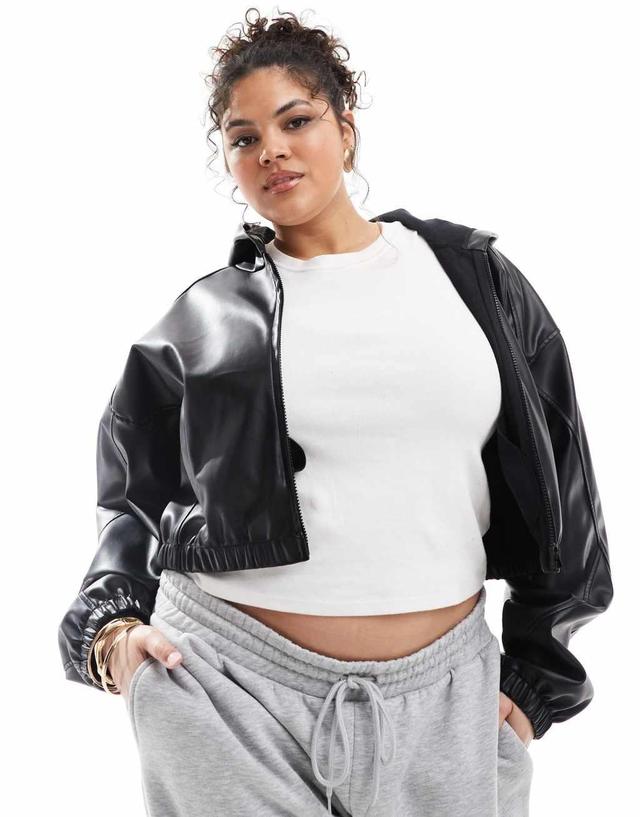 ASOS DESIGN Curve PU cropped zip through hoodie in black Product Image