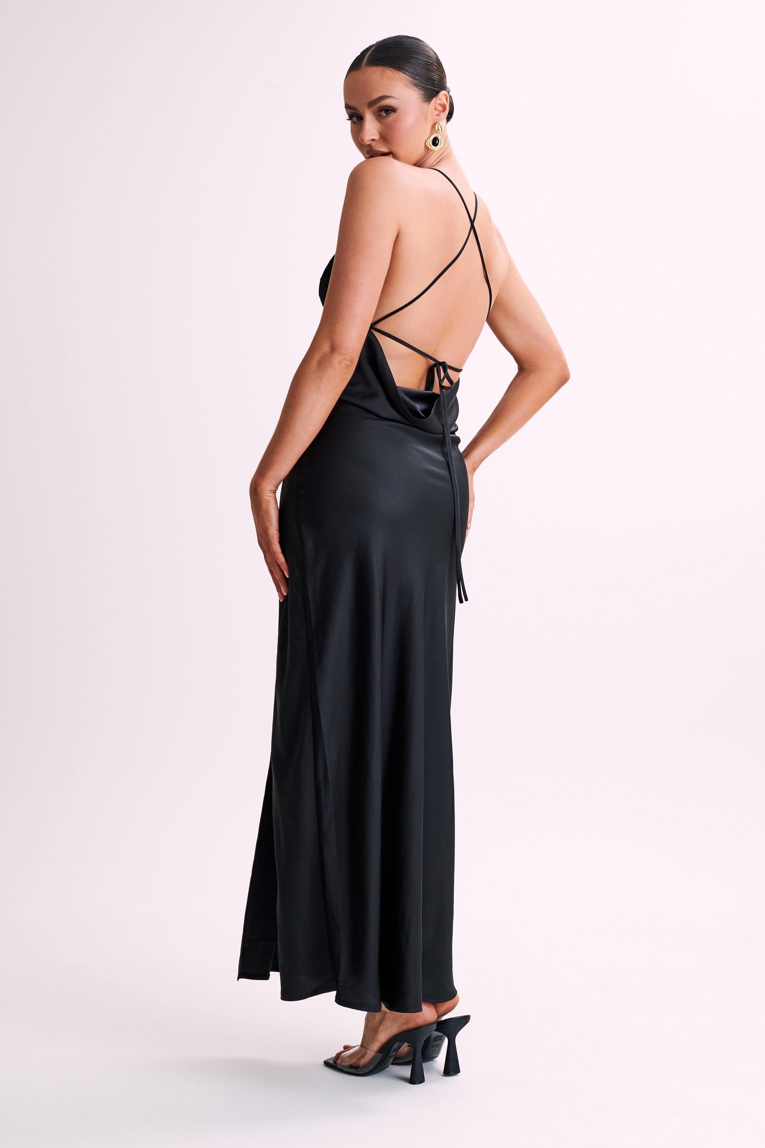 Gina Satin Slip Maxi Dress With Lace - Black Product Image