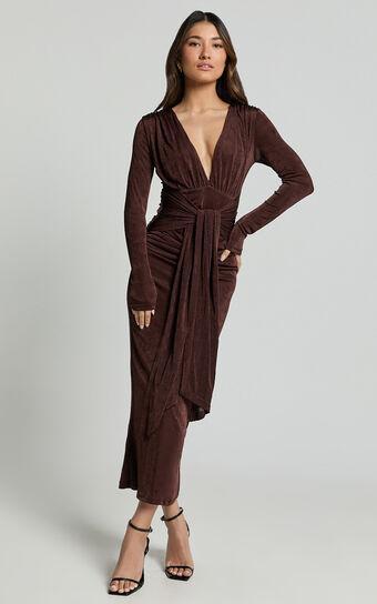 Melanie Midi Dress - Plunge Long Sleeve Tie Front Dress in Chocolate Product Image