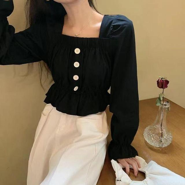 Puff-Sleeve Square Neck Plain Peplum Cropped Blouse Product Image