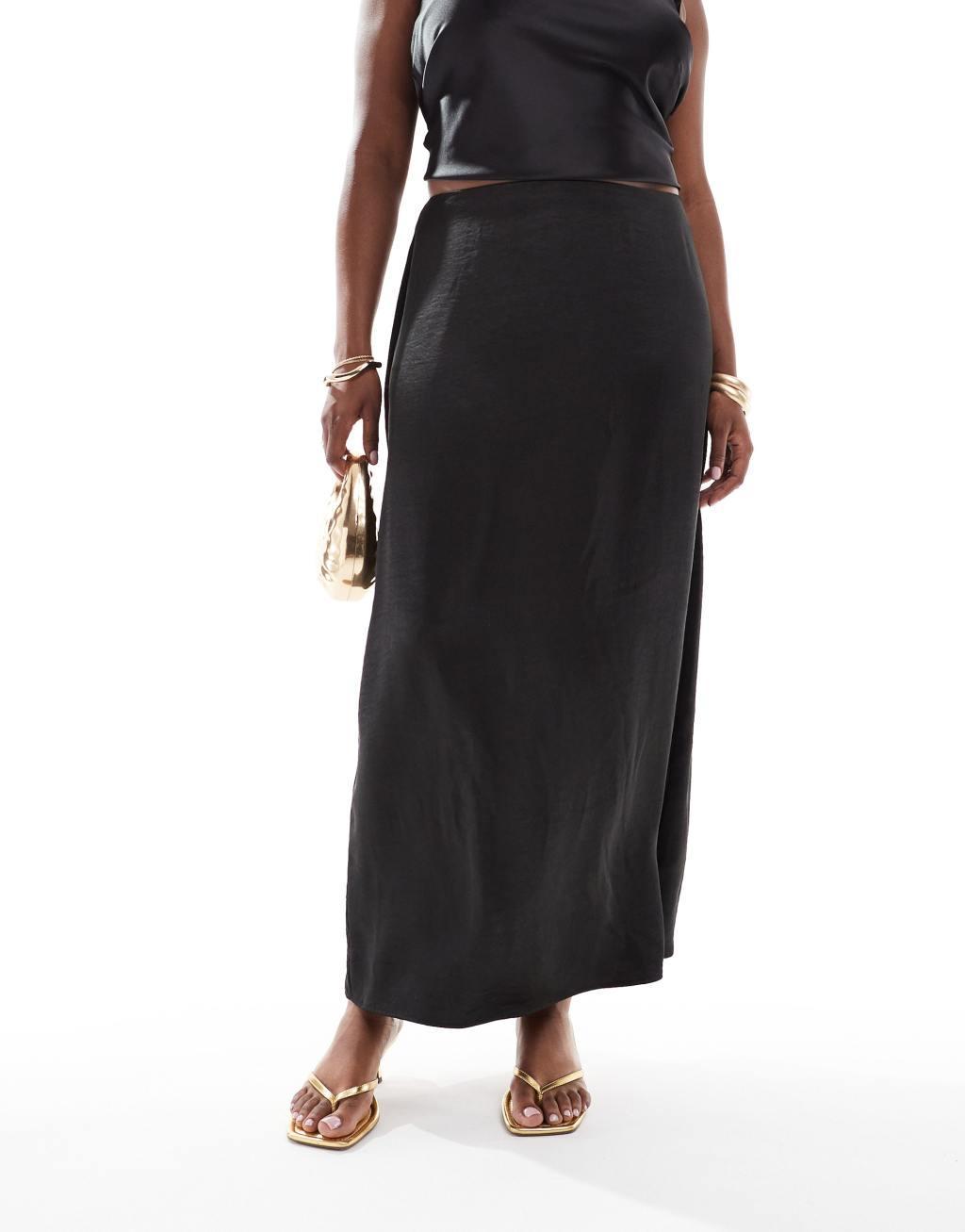 4th & Reckless Plus Exclusive satin back slit maxi skirt in black Product Image