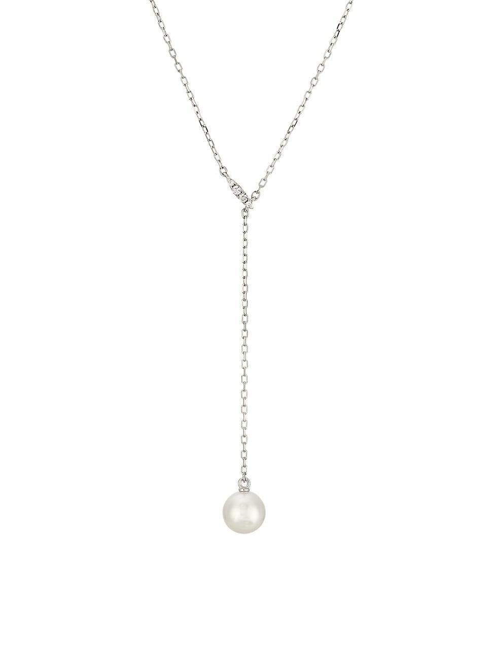 Womens Classic 18K White Gold, Akoya Pearl & 0.03 TCW Diamond Y Necklace Product Image