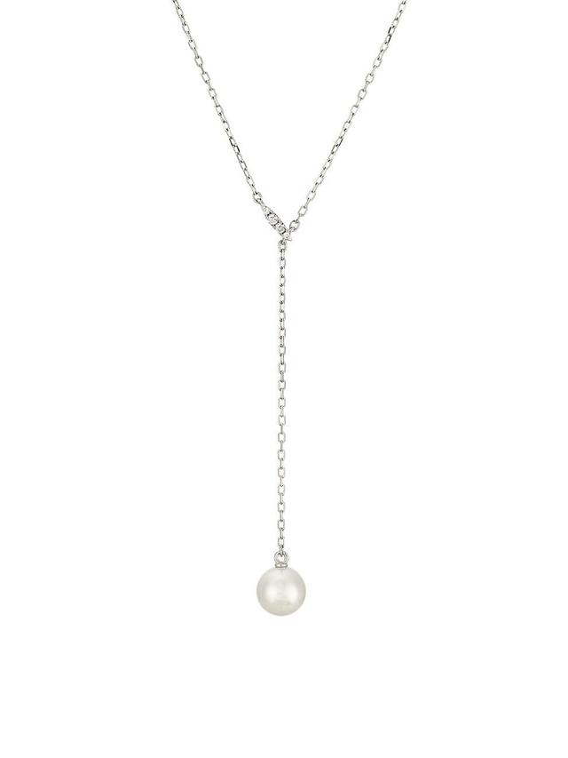 Womens Classic 18K White Gold, Akoya Pearl & 0.03 TCW Diamond Y Necklace Product Image