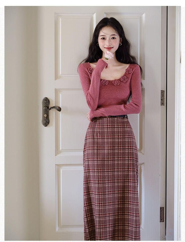 Set: Long Sleeve Scoop Neck Plain Crochet Floral Knit Top + High Rise Plaid Maxi A-Line Skirt + Belt Product Image