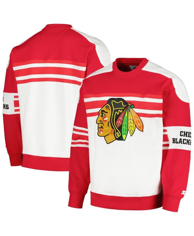 Mens Starter White Chicago Blackhawks Defense Fleece Crewneck Pullover Sweatshirt Product Image