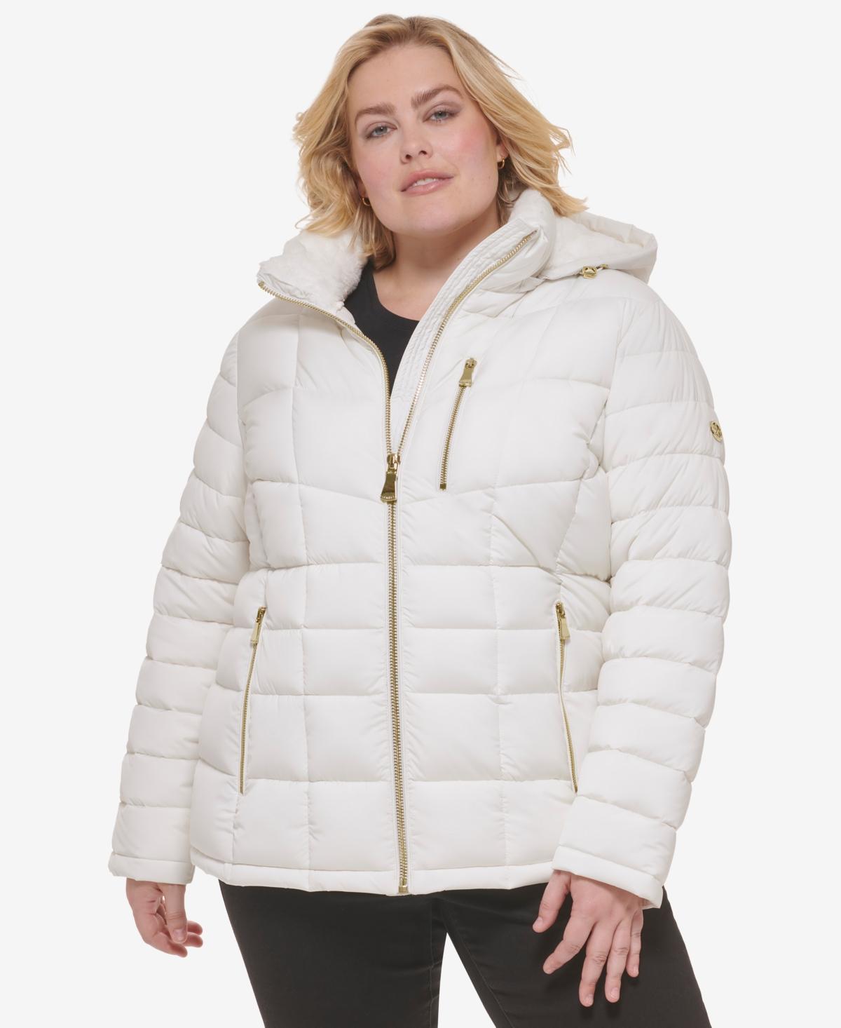 Calvin Klein Womens Plus Size Hooded Faux-Fur Trim Puffer Coat, Created for Macys Product Image