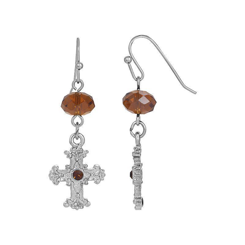 Silver-Tone Brown Crystal Cross Drop Earrings Product Image