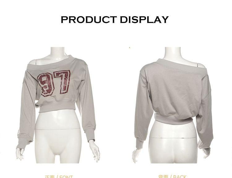 One-Shoulder Number Print Cropped Pullover Product Image