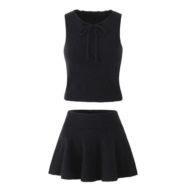 Round Neck Plain Bow Crop Knit Tank Top / High Rise Mini A-Line Skirt Product Image