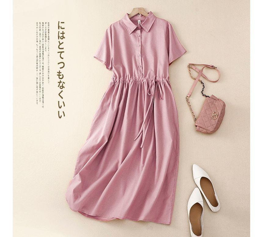 Short-Sleeve Collared Plain Midi A-Line Dress Product Image