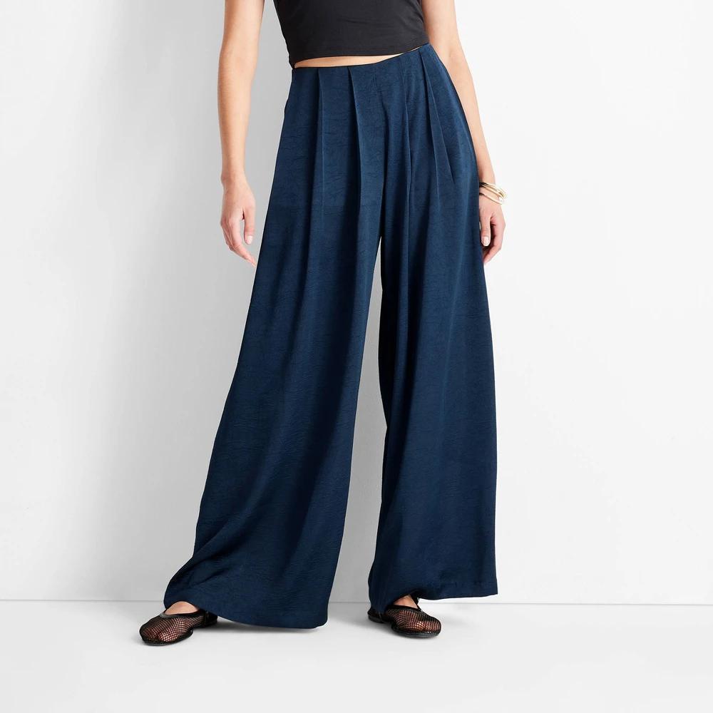 Womens Mid-Rise Pleated Wide Leg Pants - Future Collective Navy Blue M Product Image