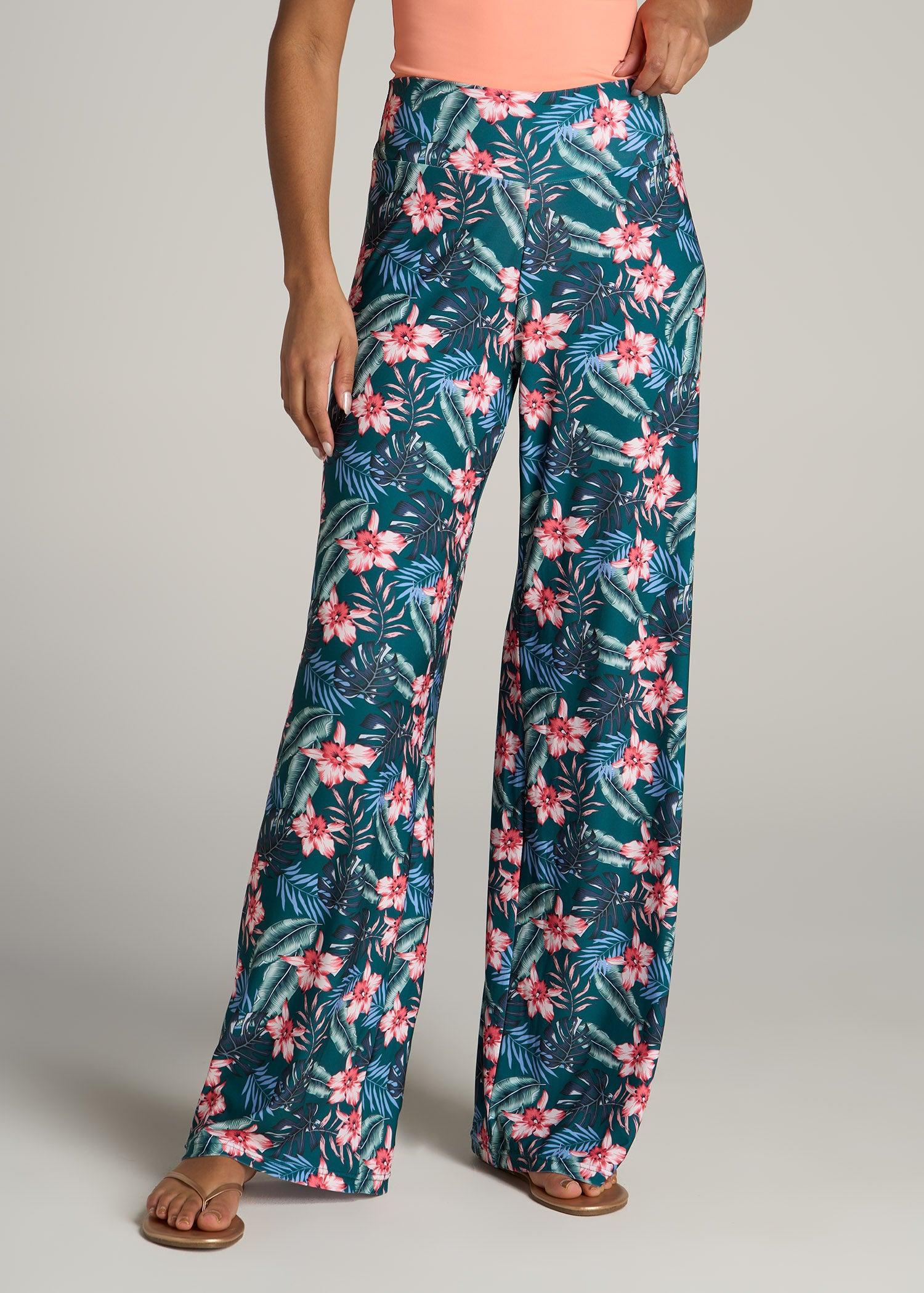 Pull On Breezy Wide Leg Pants for Tall Women in Green Tropical Floral Print Female Product Image